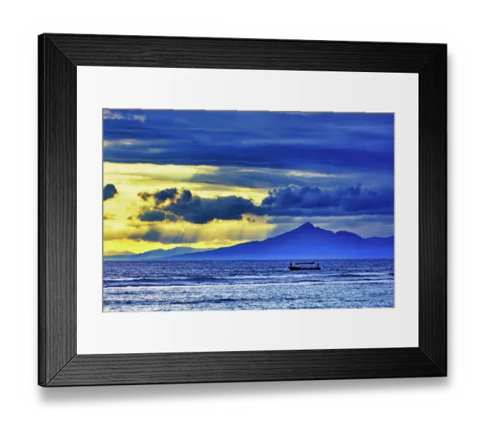Framed Print : Late sunset view of Mount Agung volcano on the island of Bali, Indonesia. An active volcano rising 3, 014 meters (9, 888') is the second highest volcano in Indonesia. Gunung Agung (Great Mountain)