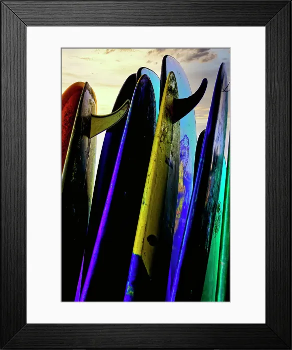 Framed Print : Stacked surf boards at sunset after a day of surf school in Canggu, Bali, Indonesia Framed Print : Stacked surf boards at sunset after a day of surf school in Canggu, Bali, Indonesia