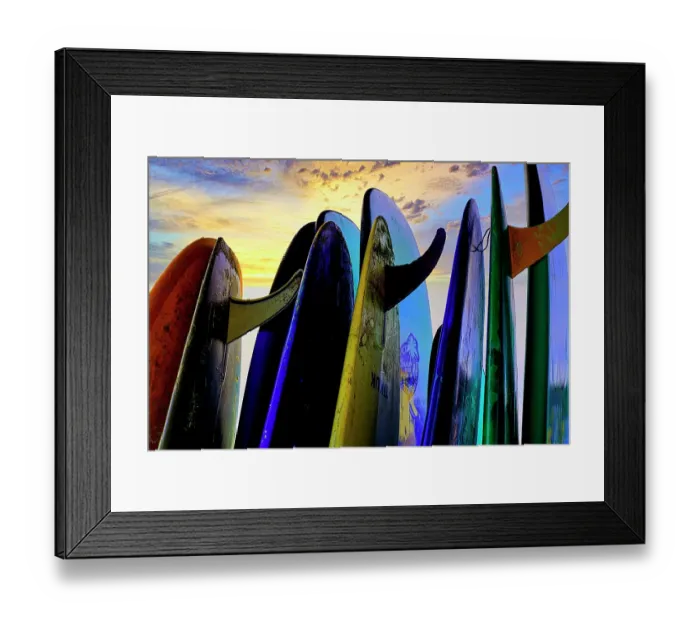 Framed Print : Stacked surf boards at sunset after a day of surf school in Canggu, Bali, Indonesia