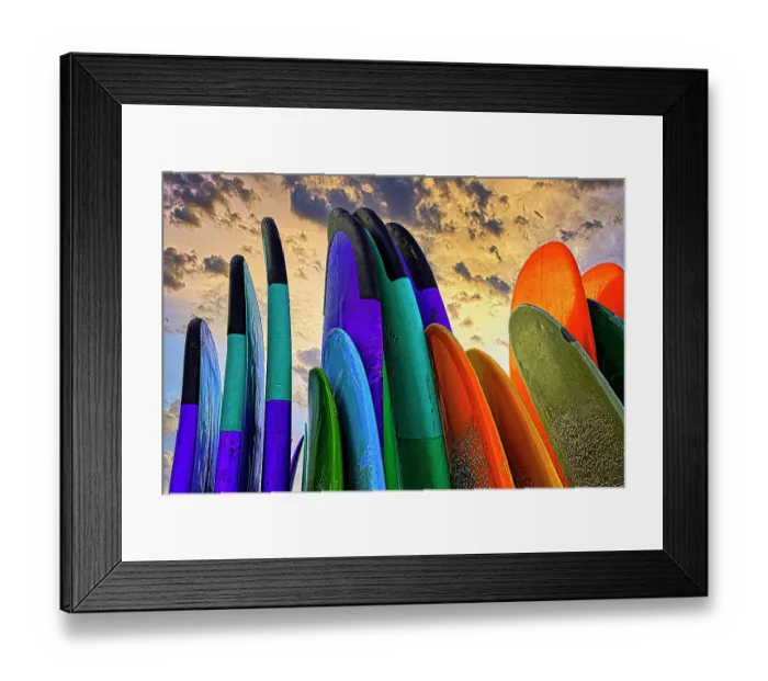 Framed Print : Stacked surf boards at sunset after a day of surf school in Canggu, Bali, Indonesia Framed Print : Stacked surf boards at sunset after a day of surf school in Canggu, Bali, Indonesia