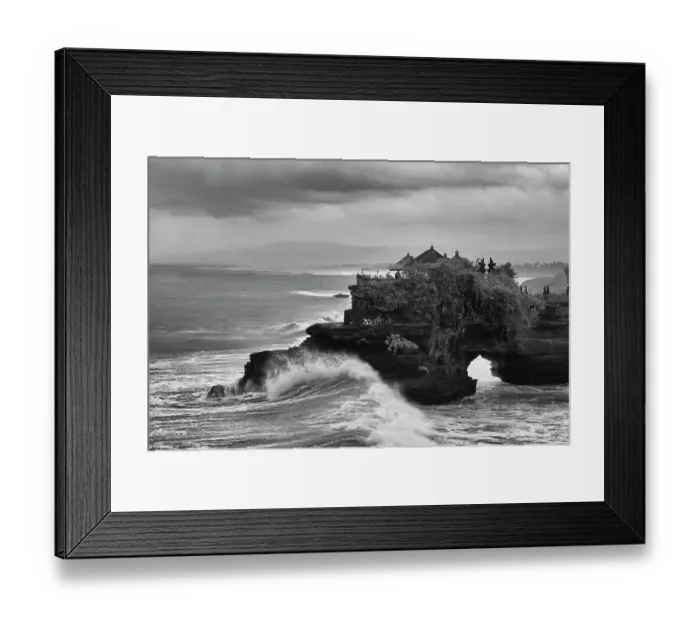 Framed Print : Crashing waves on the lava rock shoreline of Tanah Lot Temple, Bali, Indonesia