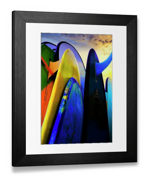 Framed Print : Stacked surf boards at sunset after a day of surf school in Canggu, Bali, Indonesia Framed Print : Stacked surf boards at sunset after a day of surf school in Canggu, Bali, Indonesia
