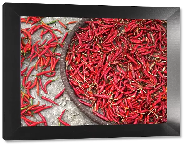 Nepal, drying peppers on the sidewalk