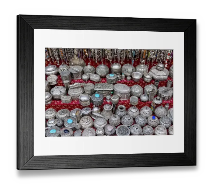 Framed Print : Silver handcrafted objects for sale at the Muttrah Souq. Muttrah, Muscat, Oman