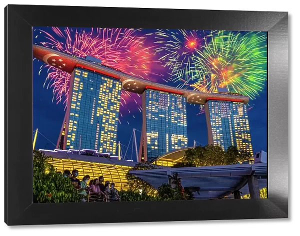 Singapore. Night fireworks over Marina Bay Sands Hotel to celebrate independence. (Editorial Use Only)