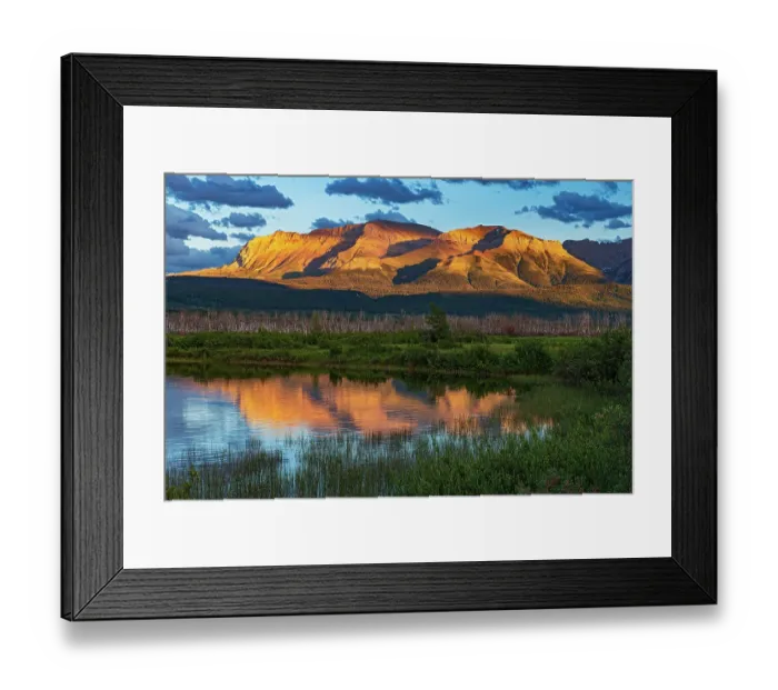 Framed Print : Canada, Alberta, Waterton Lakes National Park. Sofa Mountain at sunset reflected in Lower Waterton Lake