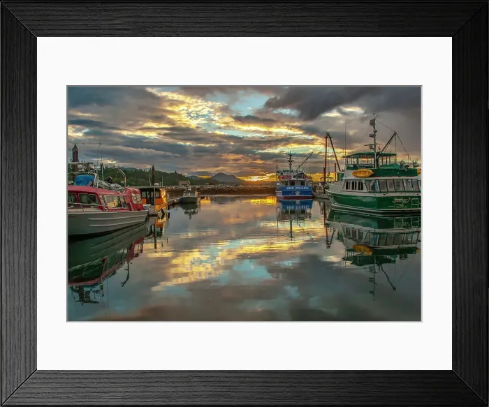 Framed Print : Canada, British Columbia, Inside Passage. Port McNeil marina at sunset. (Editorial Use Only)