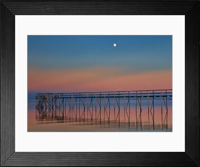 Framed Print : Canada, Manitoba, Matlock. Pier on Lake Winnipeg at dusk with moon Framed Print : Canada, Manitoba, Matlock. Pier on Lake Winnipeg at dusk with moon