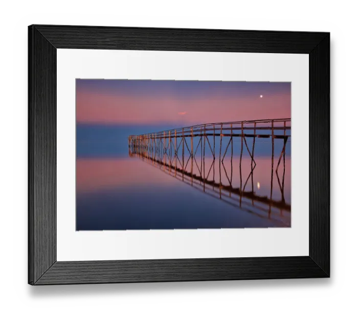 Framed Print : Canada, Manitoba, Matlock. Pier on Lake Winnipeg at dusk with moon