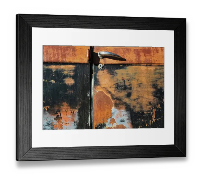 Framed Print : Canada, Manitoba, St. Lupicin. Close-up of rusted paint patterns on vintage car