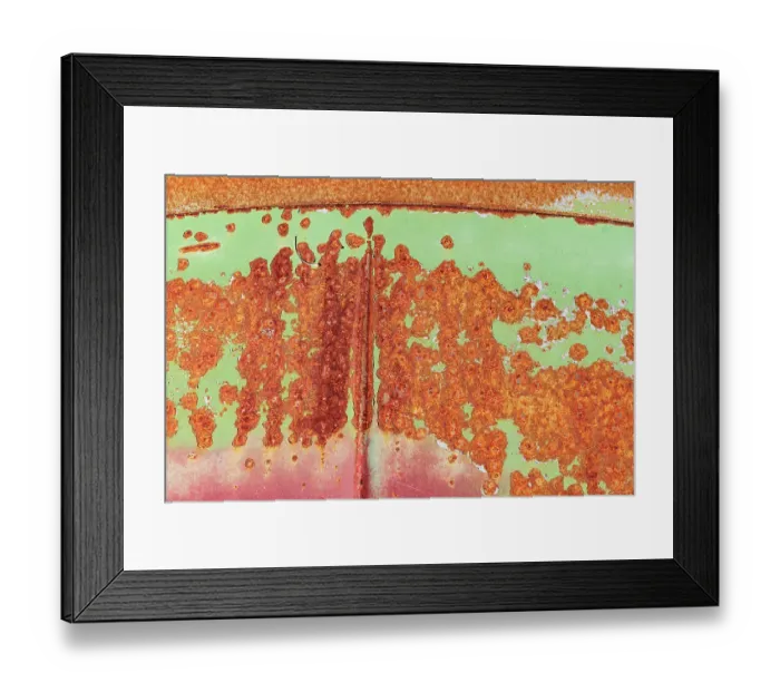 Framed Print : Canada, Manitoba, St. Lupicin. Close-up of rusted paint patterns on vintage car