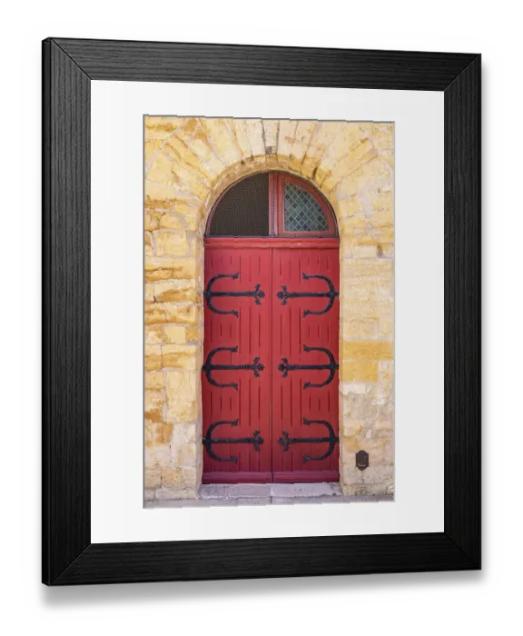 Framed Print : Saintes-Maries-de-la-Mer, Bouches-du-Rhone, Provence-Alpes-Cote d'Azur, France. Red door with metal hinges in a stone building Framed Print : Saintes-Maries-de-la-Mer, Bouches-du-Rhone, Provence-Alpes-Cote d'Azur, France. Red door with metal hinges in a stone building