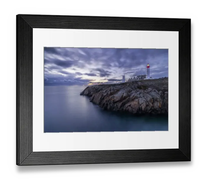 Framed Print : France, Brittany, Plougonvelin. Atlantic Ocean near the ruins of the Abbey of Saint Mathieu and the Saint Mathieu Lighthouse at sunset