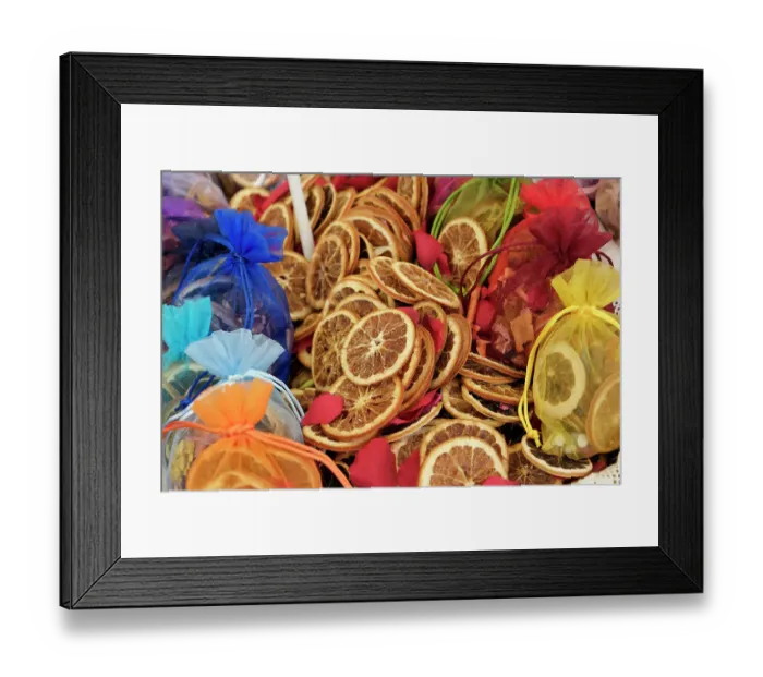 Framed Print : Munich, Germany. Farmers market. Local crafts. Sachets of dried oranges Framed Print : Munich, Germany. Farmers market. Local crafts. Sachets of dried oranges