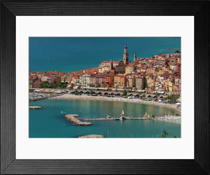 Framed Print : A high angle view of Menton, with local beaches and harbors. Provence Alpes Cote d'Azur, France