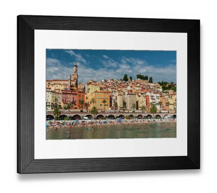 Framed Print : Sablettes beach, Saint Michel Church and the old town of Menton, Provence Alpes Cote d'Azur, France