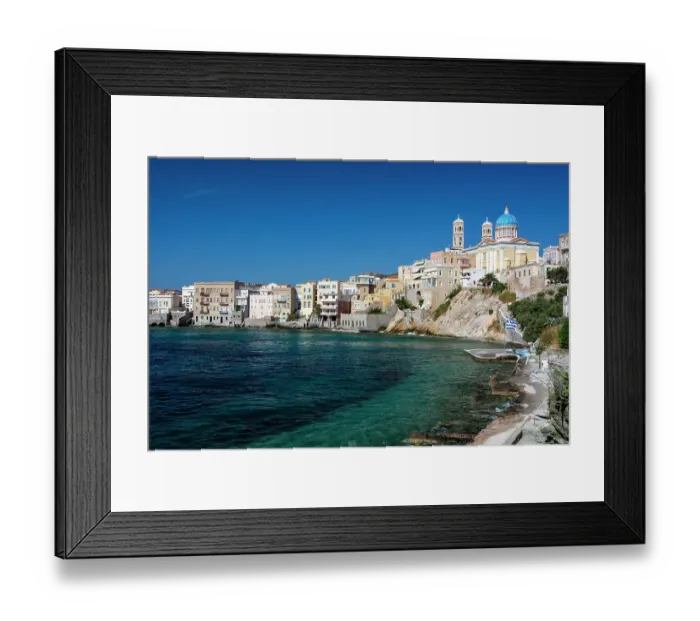 Framed Print : Agios Nikolaos Church, and houses long the shore in Ermoupoli, Siros Island, Cyclades Islands, Greece Framed Print : Agios Nikolaos Church, and houses long the shore in Ermoupoli, Siros Island, Cyclades Islands, Greece