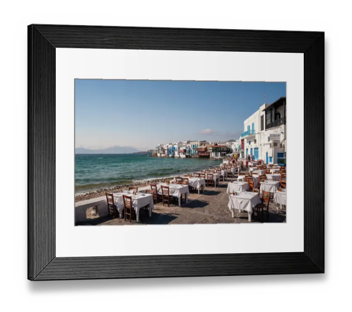 Framed Print : Restaurant tables on the seaside in the Little Venice neighborhood. Chora, Mykonos Island, Cyclades Islands, Greece Framed Print : Restaurant tables on the seaside in the Little Venice neighborhood. Chora, Mykonos Island, Cyclades Islands, Greece