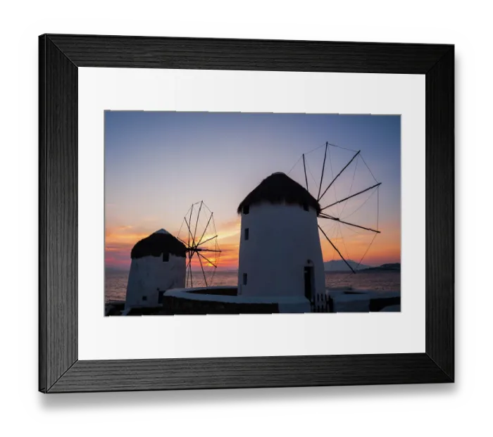 Framed Print : Traditional-style windmills on the coast at sunset. Chora, Mykonos Island, Cyclades Islands, Greece