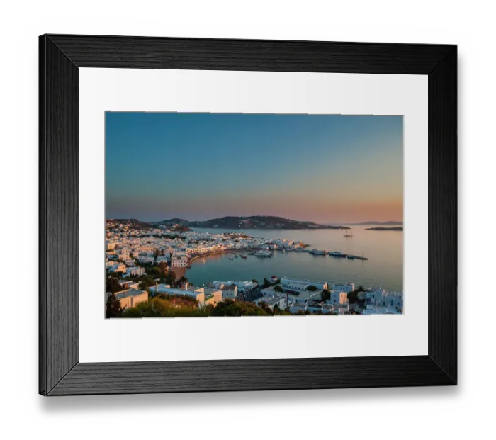 Framed Print : A scenic view of Chora and the nearby sea at sunset. Chora, Mykonos Island, Cyclades Islands, Greece Framed Print : A scenic view of Chora and the nearby sea at sunset. Chora, Mykonos Island, Cyclades Islands, Greece