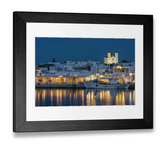 Framed Print : A view of the village of Naousa and dock at night. Naousa, Paros Island, Cyclades Islands, Greece Framed Print : A view of the village of Naousa and dock at night. Naousa, Paros Island, Cyclades Islands, Greece