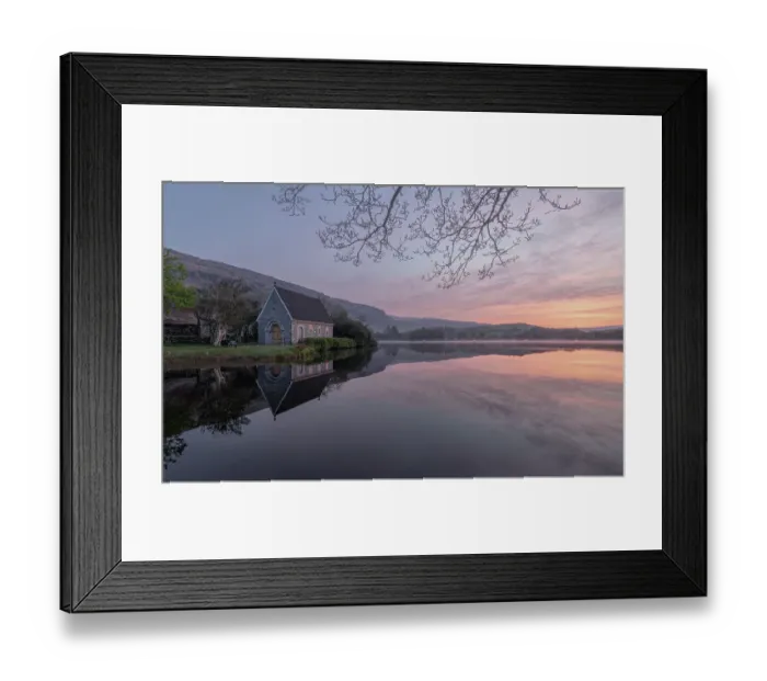 Framed Print : Ireland, Cork, Gougane Barra. Church and mountain reflections in lake Framed Print : Ireland, Cork, Gougane Barra. Church and mountain reflections in lake