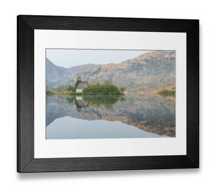 Framed Print : Ireland, Cork, Gougane Barra. Church and mountain reflections in lake