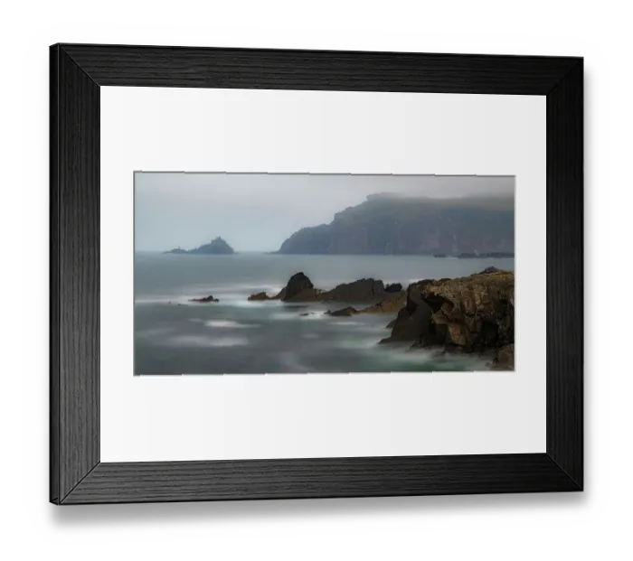 Framed Print : Ireland, Ferriter's Cove. Ocean and cliff in misty landscape Framed Print : Ireland, Ferriter's Cove. Ocean and cliff in misty landscape