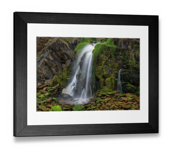 Framed Print : Ireland, Ferriter's Cove. Close-up of waterfall and mossy rocks