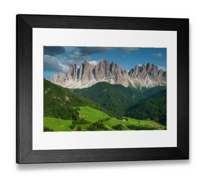 Framed Print : A view of Odle Group mountain and the valley below. Funes, Trentino Alto Adige, Italy Framed Print : A view of Odle Group mountain and the valley below. Funes, Trentino Alto Adige, Italy