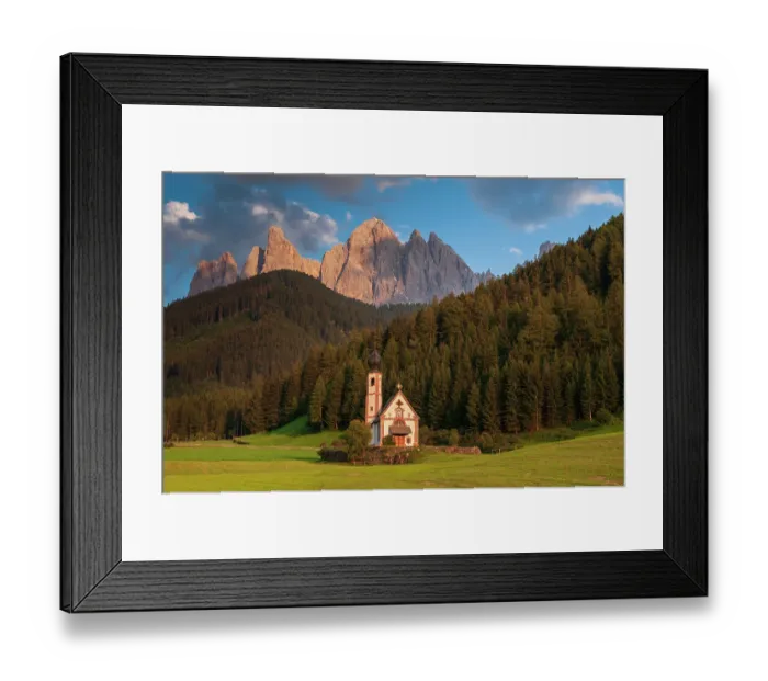 Framed Print : A view of Odle Group mountain and Saint Johann Church. Funes, Trentino Alto Adige, Italy
