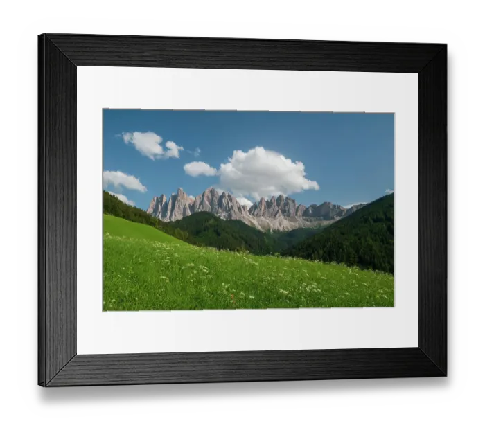 Framed Print : A view of Odle Group mountain from the Funes valley. Funes, Trentino Alto Adige, Italy