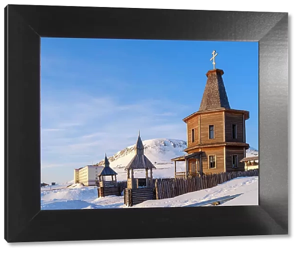 The Russian orthodox church. Russian coal mining town Barentsburg at fjord Gronfjorden. The coal mine is still in operation. Arctic Region, Scandinavia, Norway, Svalbard