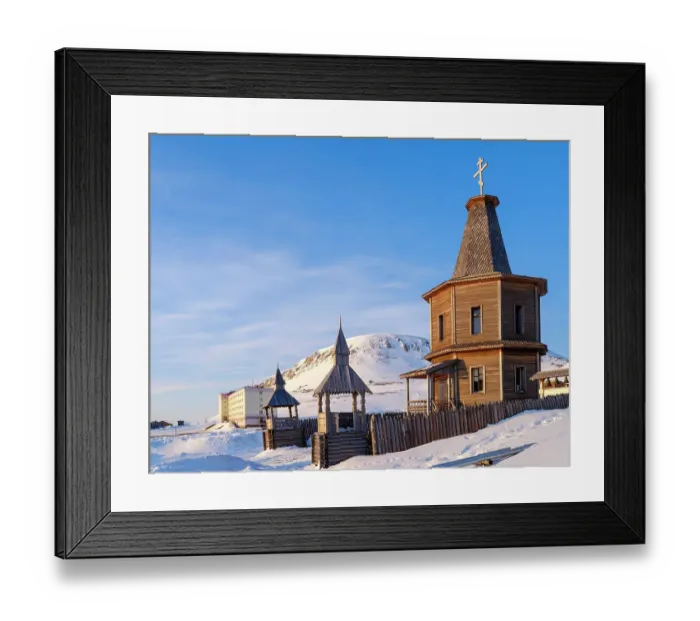 Framed Print : The Russian orthodox church. Russian coal mining town Barentsburg at fjord Gronfjorden. The coal mine is still in operation. Arctic Region, Scandinavia, Norway, Svalbard Framed Print : The Russian orthodox church. Russian coal mining town Barentsburg at fjord Gronfjorden. The coal mine is still in operation. Arctic Region, Scandinavia, Norway, Svalbard