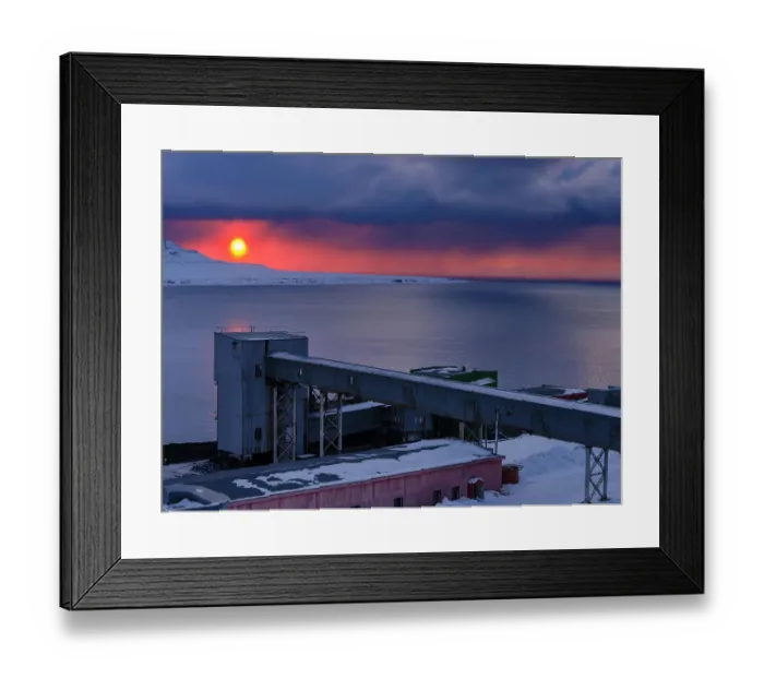 Framed Print : Sunset over the mine. Russian coal mining town Barentsburg at fjord Gronfjorden. The coal mine is still in operation. Arctic Region, Scandinavia, Norway, Svalbard Framed Print : Sunset over the mine. Russian coal mining town Barentsburg at fjord Gronfjorden. The coal mine is still in operation. Arctic Region, Scandinavia, Norway, Svalbard