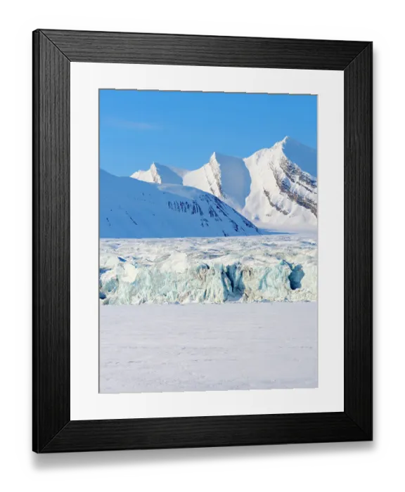 Framed Print : Glacier front of Fridtjovbreen and the frozen fjord Van Mijenfjorden. Landscape in Van Mijenfjorden National Park, (former Nordenskiold National Park), Island of Spitsbergen. Arctic region, Scandinavia, Norway, Svalbard