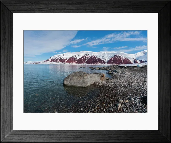 Framed Print : A gravel shoreline and snow covered mountains border Bockfjorden, Spitsbergen Island, Svalbard, Norway Framed Print : A gravel shoreline and snow covered mountains border Bockfjorden, Spitsbergen Island, Svalbard, Norway
