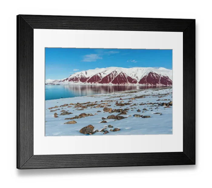 Framed Print : Snow covered rock beaches and mountains rim Bockfjorden, Spitsbergen Island, Svalbard, Norway Framed Print : Snow covered rock beaches and mountains rim Bockfjorden, Spitsbergen Island, Svalbard, Norway