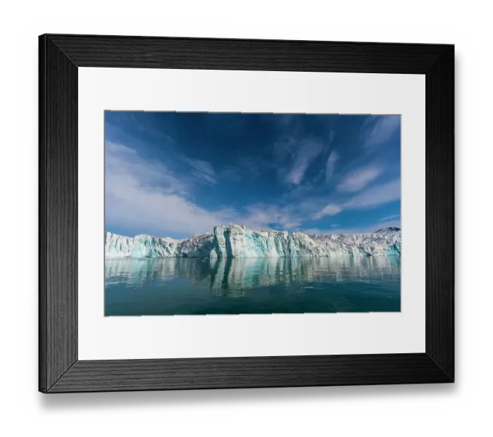 Framed Print : Lilliehook Glacier and its mirror reflection on arctic waters. Lilliehookfjorden, Spitsbergen Island, Svalbard, Norway