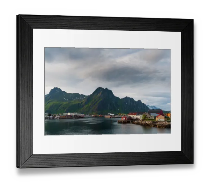 Framed Print : The fishing village of Svolvaer nestled around a harbor on a mountainous island in the Vestfjorden. Svolvaer, Austvagoya Island, Lofoten, Norway Framed Print : The fishing village of Svolvaer nestled around a harbor on a mountainous island in the Vestfjorden. Svolvaer, Austvagoya Island, Lofoten, Norway