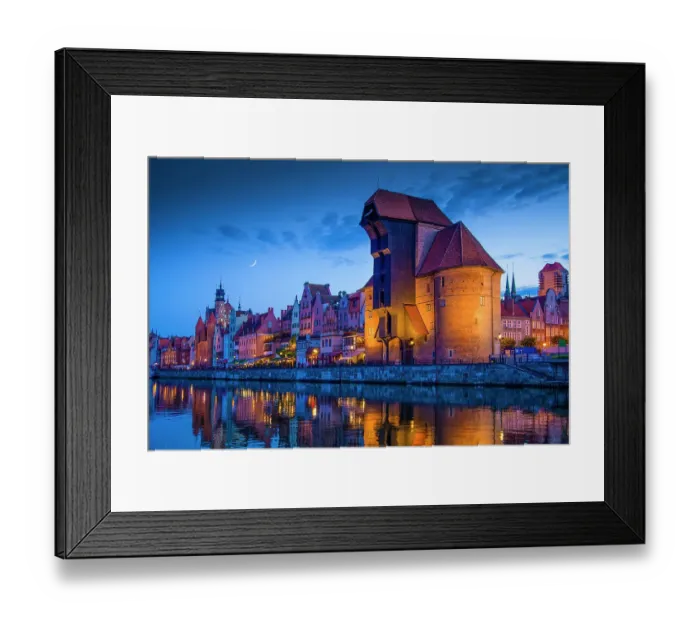 Framed Print : Europe, Poland, Gdansk. Moon composite and city buildings reflecting in river at sunset Framed Print : Europe, Poland, Gdansk. Moon composite and city buildings reflecting in river at sunset
