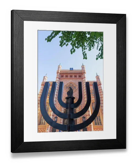Framed Print : Romania, Bucharest, Choral Temple. Synagogue. Copy of Vienna's Great Synagogue. Menorah sculpture in front Framed Print : Romania, Bucharest, Choral Temple. Synagogue. Copy of Vienna's Great Synagogue. Menorah sculpture in front