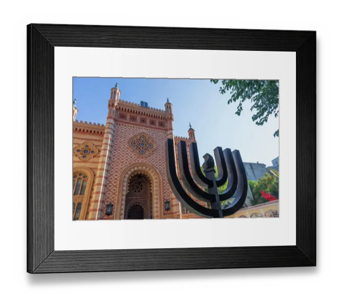 Framed Print : Romania, Bucharest, Choral Temple. Synagogue. Copy of Vienna's Leopoldstadt, Tempelgasse Great Synagogue. Menorah sculpture in front Framed Print : Romania, Bucharest, Choral Temple. Synagogue. Copy of Vienna's Leopoldstadt, Tempelgasse Great Synagogue. Menorah sculpture in front