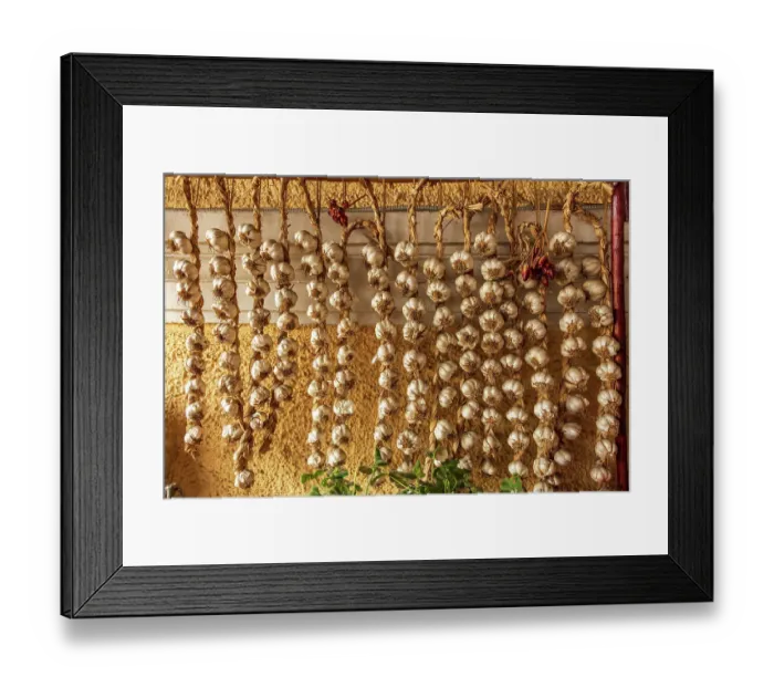 Framed Print : Romania, Carpathian Mountains, Prahova County, Sinaia. Braids of Garlic drying