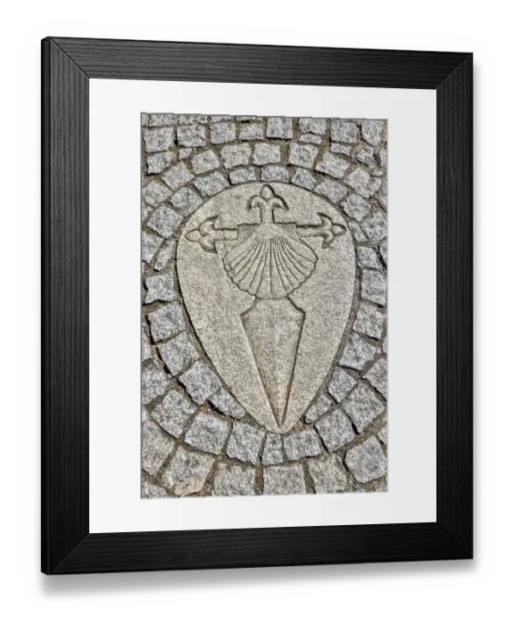 Framed Print : Spain, Galicia. Sword of the Knights Templar and clam shell in the path along the Camino de Santiago between Ventras de Naron and Palas de Rei Framed Print : Spain, Galicia. Sword of the Knights Templar and clam shell in the path along the Camino de Santiago between Ventras de Naron and Palas de Rei