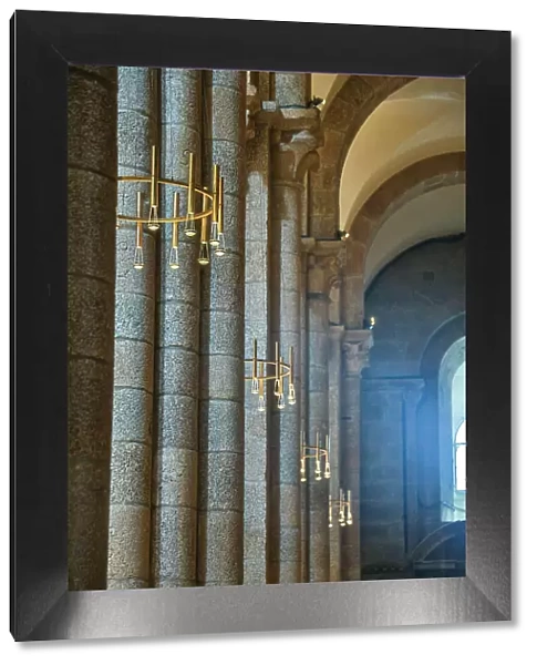 Spain, Galicia. Santiago de Compostela, chandeliers inside the cathedral of Santiago de Compostela