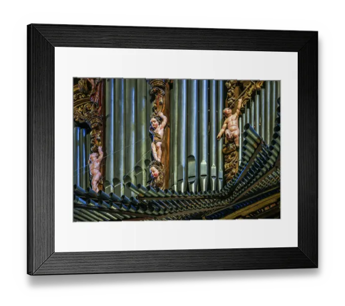 Framed Print : Spain, Galicia. Cathedral in Santiago de Compostela, organ pipes decorated with cherubs