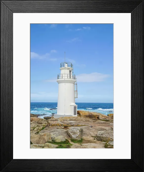 Framed Print : Spain, Galicia. Muxia seashore and lighthouse