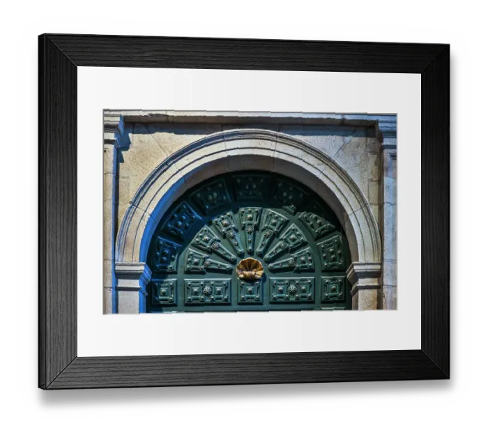 Framed Print : Spain, Galicia. Cathedral in Santiago de Compostela, doorway highlighting the scallop shell (symbol of the pilgrimage) Framed Print : Spain, Galicia. Cathedral in Santiago de Compostela, doorway highlighting the scallop shell (symbol of the pilgrimage)