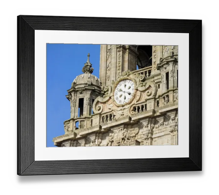 Framed Print : Close-up of the ancient clock on Berenguela tower of Santiago de Compostela Cathedral Framed Print : Close-up of the ancient clock on Berenguela tower of Santiago de Compostela Cathedral